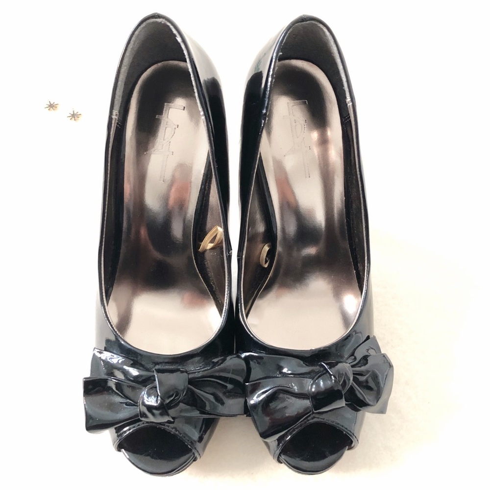 Zara Black Peep Toe Stiletto Heels Bow Detail Faux Vegan Patent Leather Shoes - Picture 2 of 16